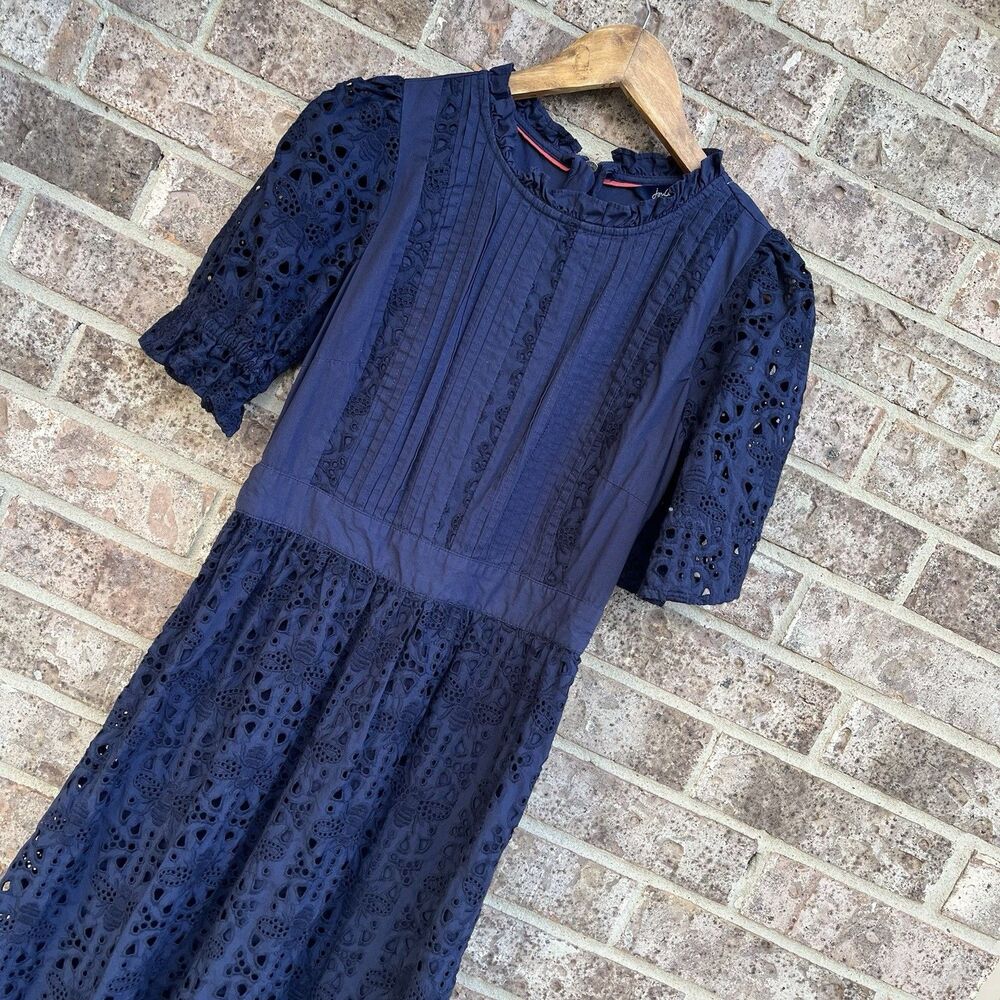 Joules Susanna Broderie Midi Dress Navy Blue Eyelet Cotton Lace Sz US 4 / UK 8